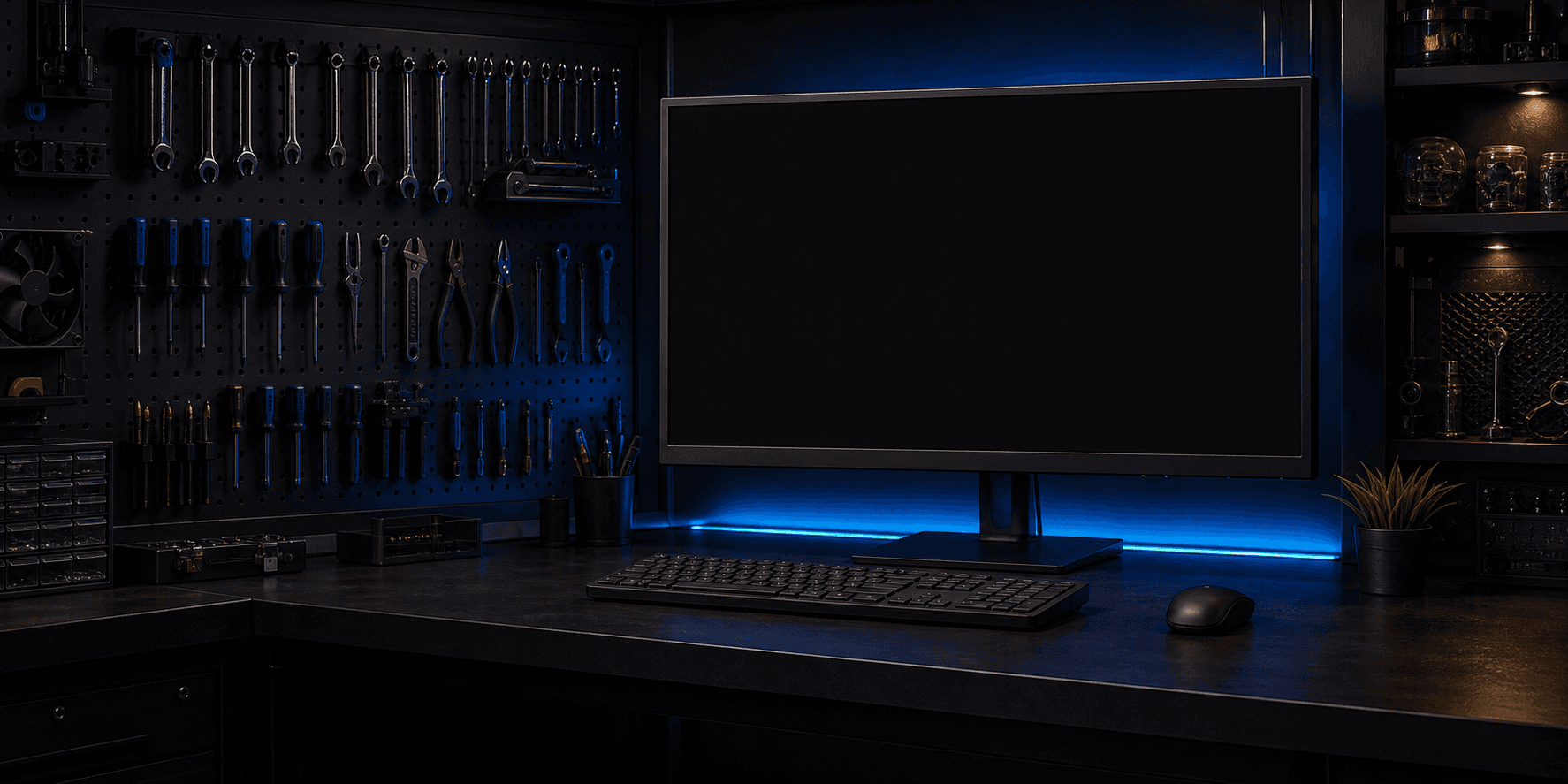 Organised computer repair workshop with a blue-lit workstation
